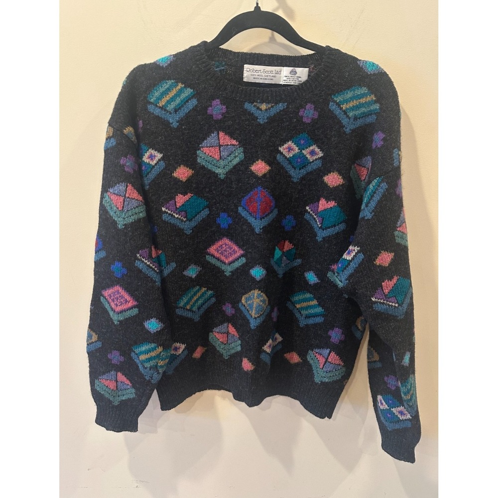 Robert Scott Vtg Shetland Wool Sweater Geometric Print Sz 36 (EU) / Med (US)